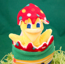 Load image into Gallery viewer, This Peek a boo Puppet is a yellow chick in an Easter egg. It is made of fleece with sewn on eyes. It is washable and safe for all ages.