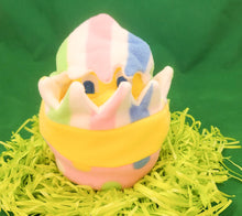 Load image into Gallery viewer, This Peek a boo Puppet is a yellow chick in an Easter egg. It is made of fleece with sewn on eyes. It is washable and safe for all ages