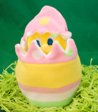Load image into Gallery viewer, This Peek a boo Puppet is a yellow chick in an Easter egg. It is made of fleece with sewn on eyes. It is washable and safe for all ages.
