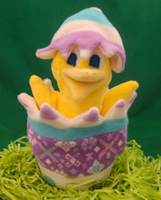Load image into Gallery viewer, This Peek a boo Puppet is a yellow chick in an Easter egg. It is made of fleece with sewn on eyes. It is washable and safe for all ages.