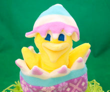 Load image into Gallery viewer, This Peek a boo Puppet is a yellow chick in an Easter egg. It is made of fleece with sewn on eyes. It is washable and safe for all ages.