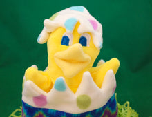 Load image into Gallery viewer, This Peek a boo Puppet is a yellow chick in an Easter egg. It is made of fleece with sewn on eyes. It is washable and safe for all ages.