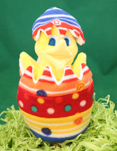 Load image into Gallery viewer, This Peek a boo Puppet is a yellow chick in an Easter egg. It is made of fleece with sewn on eyes. It is washable and safe for all ages.