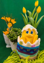 Load image into Gallery viewer, This Peek a boo Puppet is a yellow chick in an Easter egg. It is made of fleece with sewn on eyes. It is washable and safe for all ages.
