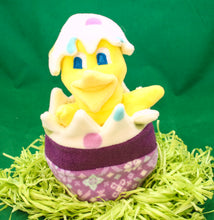Load image into Gallery viewer, This Peek a boo Puppet is a yellow chick in an Easter egg. It is made of fleece with sewn on eyes. It is washable and safe for all ages.