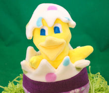 Load image into Gallery viewer, This Peek a boo Puppet is a yellow chick in an Easter egg. It is made of fleece with sewn on eyes. It is washable and safe for all ages.
