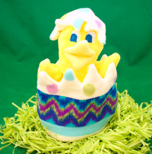 Load image into Gallery viewer, This Peek a boo Puppet is a yellow chick in an Easter egg. It is made of fleece with sewn on eyes. It is washable and safe for all ages.