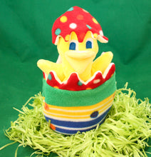 Load image into Gallery viewer, This Peek a boo Puppet is a yellow chick in an Easter egg. It is made of fleece with sewn on eyes. It is washable and safe for all ages.
