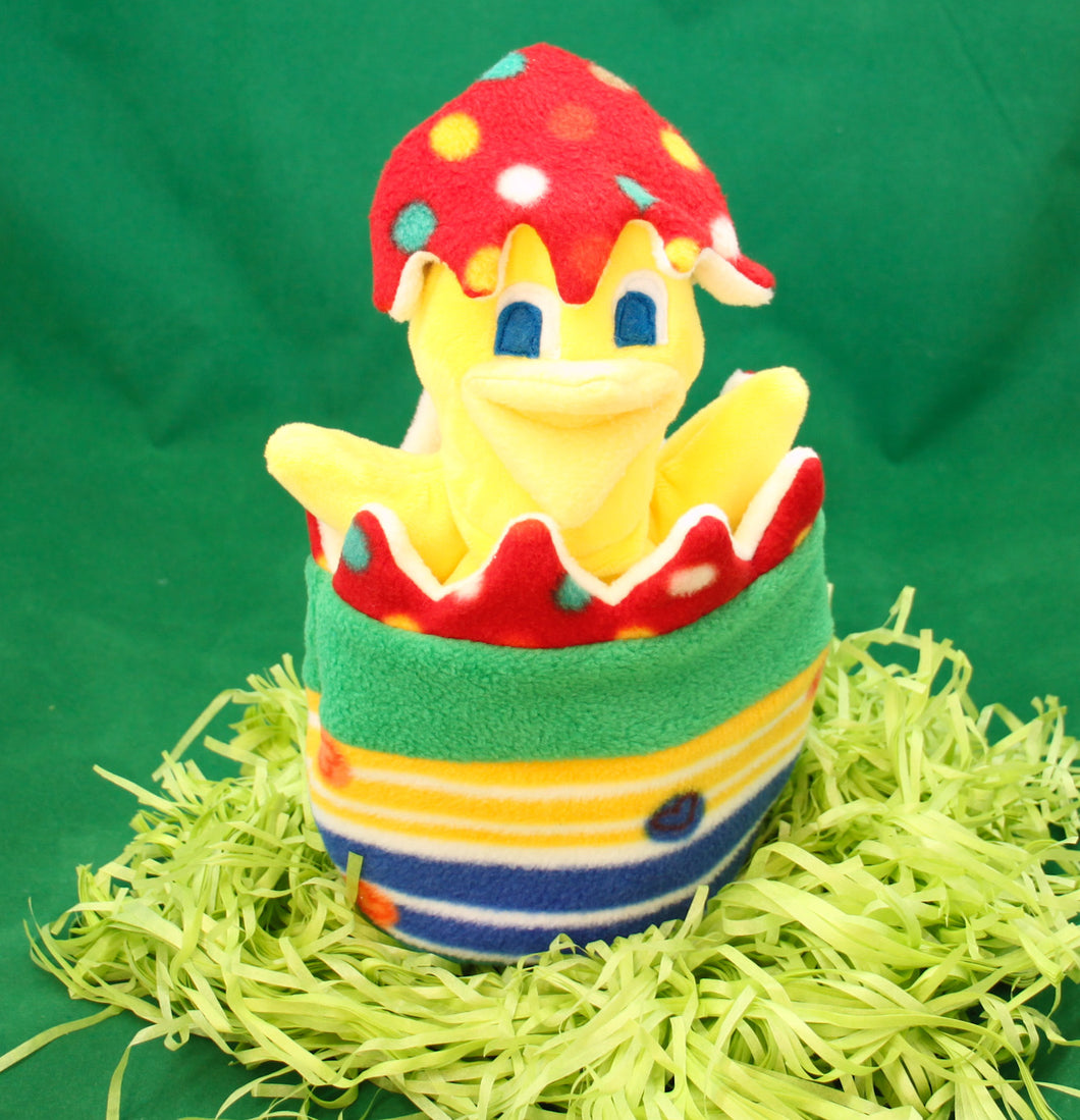 This Peek a boo Puppet is a yellow chick in an Easter egg. It is made of fleece with sewn on eyes. It is washable and safe for all ages.